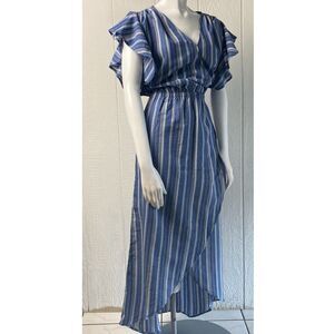 Umgee Dress Womens M Faux Wrap‎ Blue Striped Ruffle Sleeve Dress Flowy Peasant